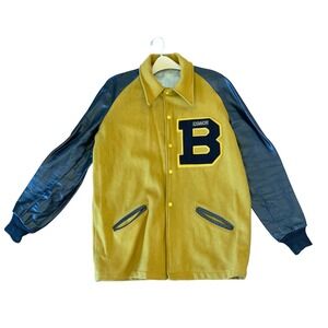 Vintage Wool Leather Varsity Jacket Coach‎ B Letterman Black Gold XL